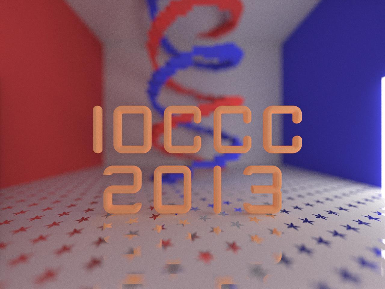 artificial image showing IOCCC 2013 in a room with stars on the floor and double helix in the backgrond
