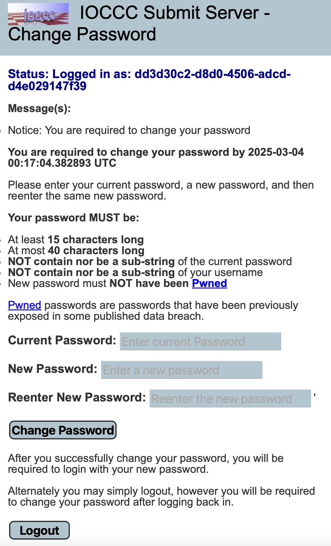 submit server initial login requires your password to be changed