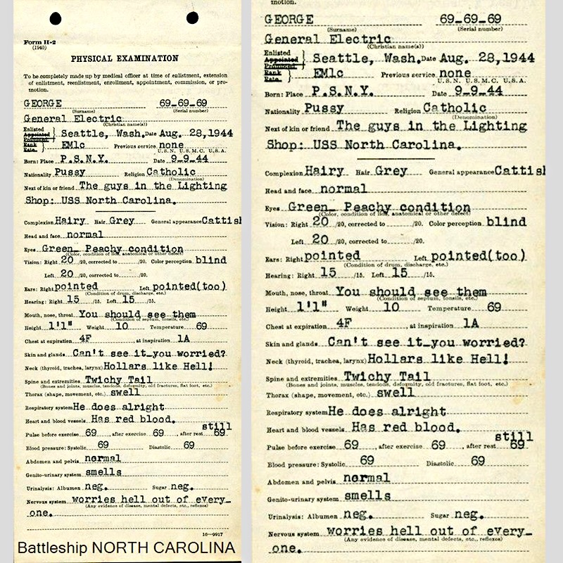 medical records card of fabled Unsinkable Sam of Second World War