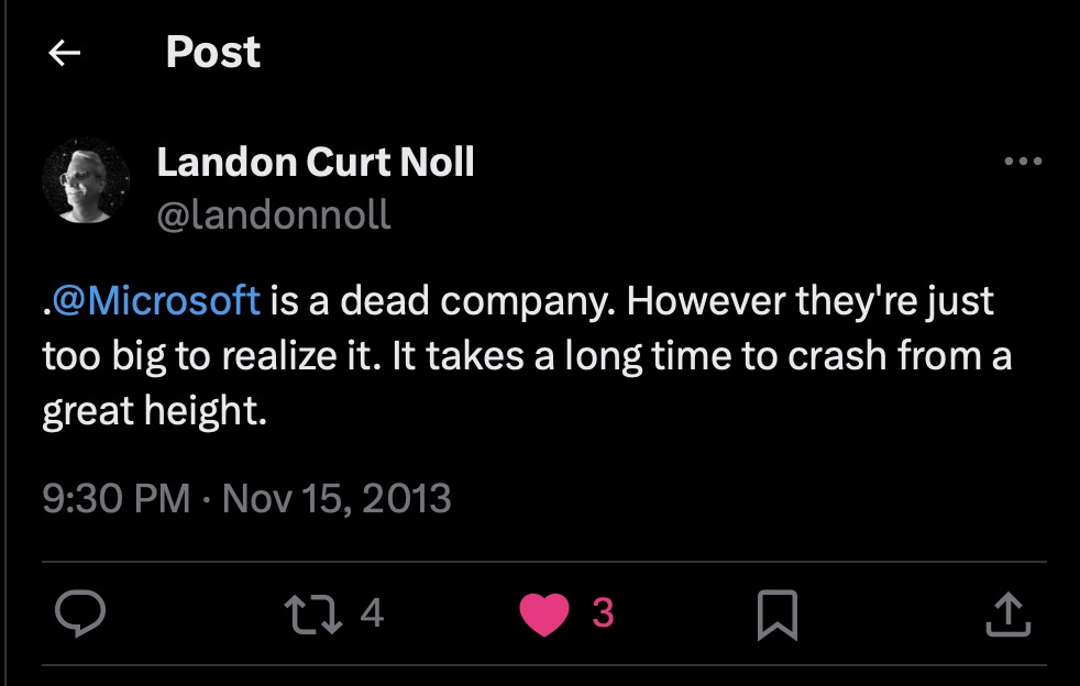 image of snarky tweet from 2013 Nov 15 by Landon Noll about Microsoft