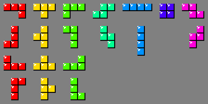 image of a the 7 Tetris pieces under all 19 rotations